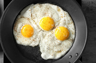 Delicious over easy eggs in pan, closeup