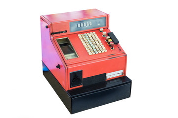 Red old-time cash register on white - obrazy, fototapety, plakaty