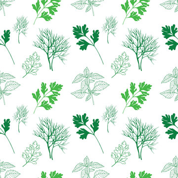 vegetable seamless pattern with herbs in hand drawn style