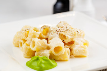 Penne pasta with a creamy sauce with parmesan cheese and spinach sause