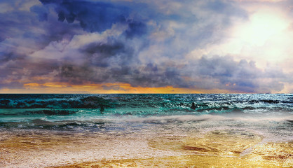 Seashore with two people silhouettes in a  water in summer