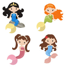 Set of cute girl mermaids