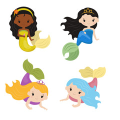 Set of cute girl mermaids
