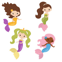 Set of cute girl mermaids