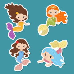 Set of cute girl mermaids stickers