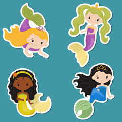 Set of cute girl mermaids stickers