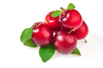 Pile of fresh ripe fruits, red plums with leaves, close up. On white.