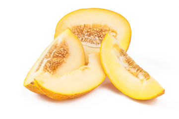 Sweet yellow melon, slices, isolated on white