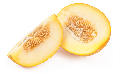 Half of the delicious melon with another slice. White background