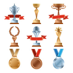 Different trophy set. Championship gold award. Golden, bronze and silver medal and cups of winners