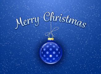 Merry Christmas card template. Bauble on blue background