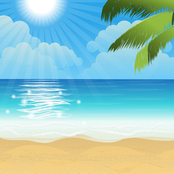 Beautiful tropical beach scene with palm leaves and sun, vector illustration