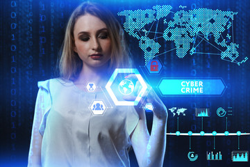 The concept of business, technology, the Internet and the network. A young entrepreneur working on a virtual screen of the future and sees the inscription: Cyber crime