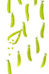 Pod of green peas isolated on white. Vertical photo