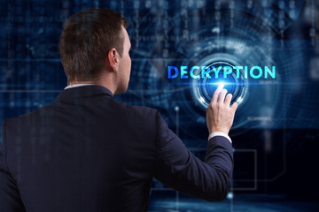 Business, Technology, Internet and network concept. Young businessman working on a virtual screen of the future and sees the inscription: Decryption