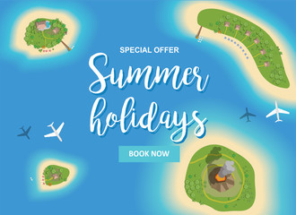 Summer holidays vector hand drawn illustration with tropical islands view from above and airplanes