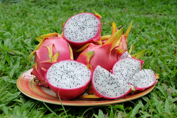 Fresh Dragon Fruits arranged beautifully on the plate on green grass background