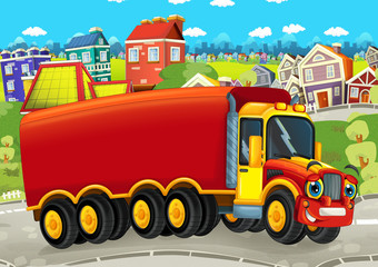 Naklejka premium happy and funny cartoon truck looking and smiling driving through the city - illustration for children
