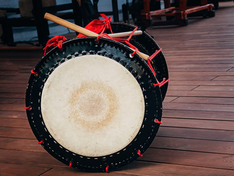 Taiko drums o-kedo on scene background. Culture of Asia (Korea, Japan, China)