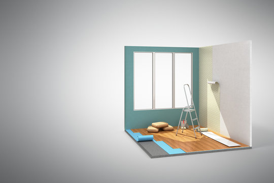 Concept of repair work isometric low poly home room renovation icon 3d render on grey