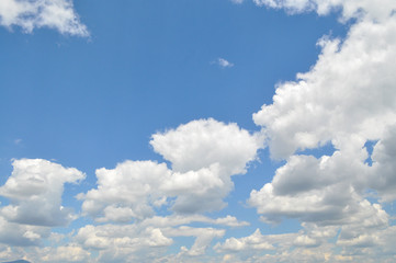 Background with a blue sky and white clouds. White fluffy clouds in the blue sky
