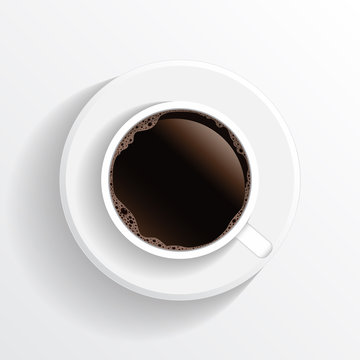 Realistic top view black coffee cup and saucer isolated on white background. illustration