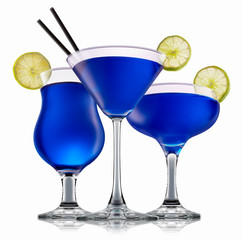 fresh fruit alcohol cocktail or mocktail in classic glass with blue beverage isolated on white background