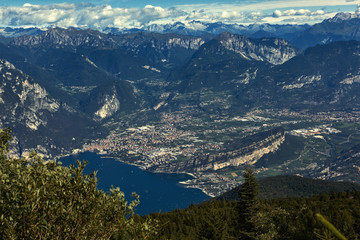 Fototapeta na wymiar Panorama of the gorgeous Lake Garda surrounded by mountains in Riva del Garda, Garda Lake aerial view, italy