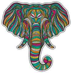 Stylized ethnic boho elephant portrait isolated on white background. Decorative hand drawn doodle vector illustration. Perfect for postcard, poster, print, greeting card, t-shirt, phone case design