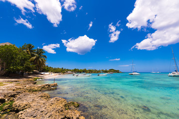 View of the stony beach in Bayahibe, La Altagracia, Dominican Republic. Copy space for text.
