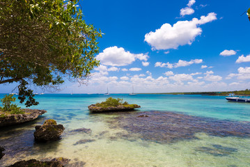 View of the stony beach in Bayahibe, La Altagracia, Dominican Republic. Copy space for text.