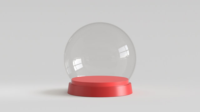 Empty snow glass ball with red tray on white background. 3D rendering.
