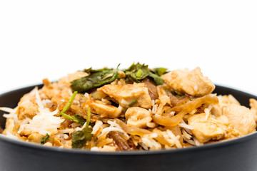 Rice and chicken on white plate