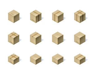 Set of twelve isometric cardboard boxes isolated on white.