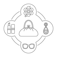 Woman's purse contents linear icons set