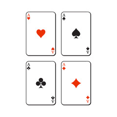 Set of hearts, spades, clubs and diamonds ace playing cards, sketch vector illustration isolated on white background. Set of playing cards, ace of all four suits - hearts, spades, clubs and diamonds