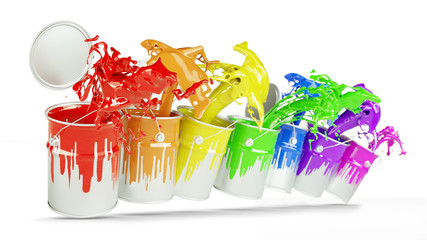 Bunte Farbeimer in Farben vom Regenbogen