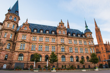 Fototapeta na wymiar Wiesbaden, Germany, New Town Hall and Market Church at Schlossplatz