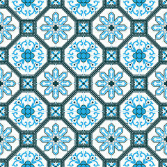 Portuguese traditional ornate azulejo, seamless vector pattern in blue and white colors
