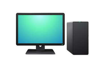 Black computer with monitor on white background