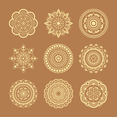 Set circular pattern in the form of mandala. Henna tatoo mandala. Mehndi style. Decorative pattern in oriental style. Coloring book page.