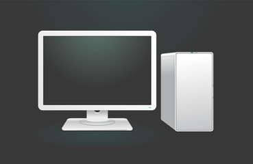 White computer with monitor on dark background