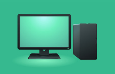 Black computer with monitor on turquoise background