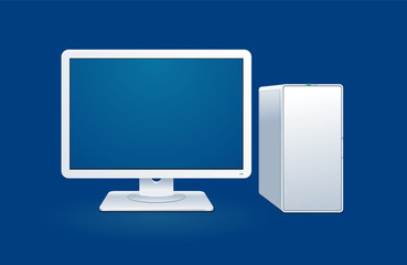 White computer with monitor on blue background