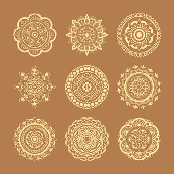 Set circular pattern in the form of mandala. Henna tatoo mandala. Mehndi style. Decorative pattern in oriental style. Coloring book page.