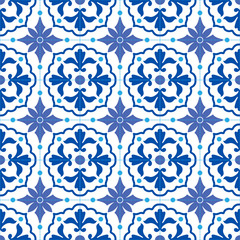Portuguese traditional ornate azulejo, seamless vector pattern in blue and white colors