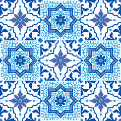 Portuguese traditional ornate azulejo, seamless vector pattern in blue and white colors