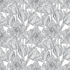 Hand drawn vector illustration Seamless pattern with decorative doodle tulips hand drawn in lines. Vector illustration
