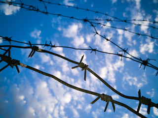 Barbed wire against the sky with clouds