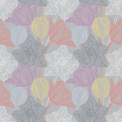 Hand drawn vector illustration Seamless pattern with decorative doodle tulips hand drawn in lines. Vector illustration